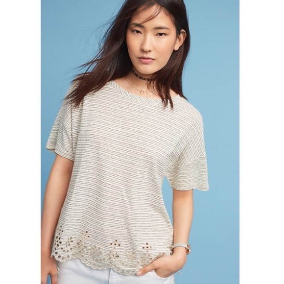 Anthropologie Tops - Anthropologie Striped Short Sleeve Eyelet Top XS Beige